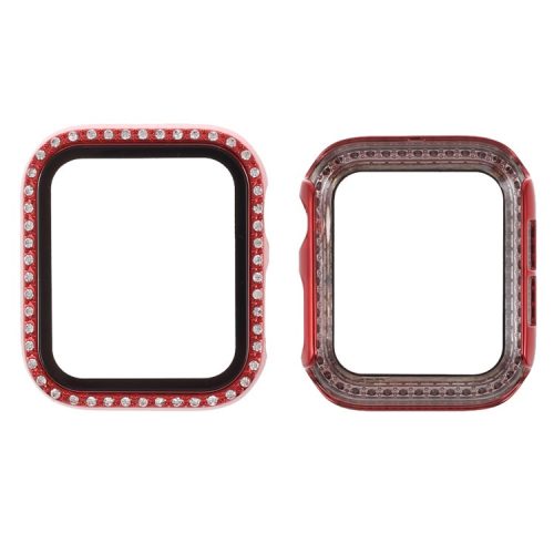 Electroplating Rhinestones Decor PC Frame Tempered Glass Protector Cover for Apple Watch Series 4 / 5 / 6 / SE / SE (2022) 44m - Red