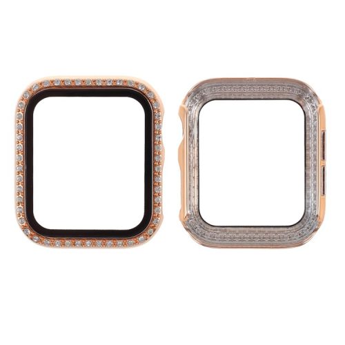 Electroplating Rhinestones Decor PC Frame Tempered Glass Protector Cover for Apple Watch Series 4 / 5 / 6 / SE / SE (2022) 44m - Rose Gold