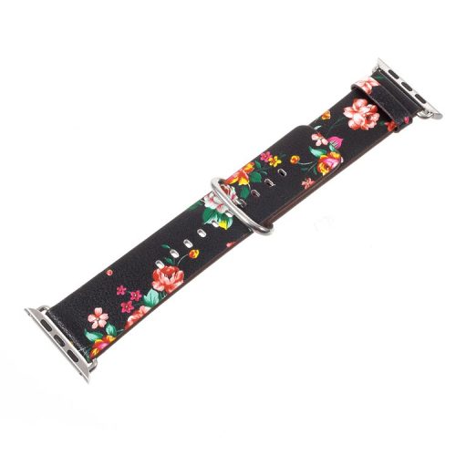 Flower Pattern PU Leather Classic Buckle Watchband for Apple Watch Series 10 46mm / Ultra 2 Ultra 49mm / 9 8 7 45mm / SE (2023) SE (2022) SE 6 5 4 44mm / 3 2 1 42mm - Black / Colorful Peonies