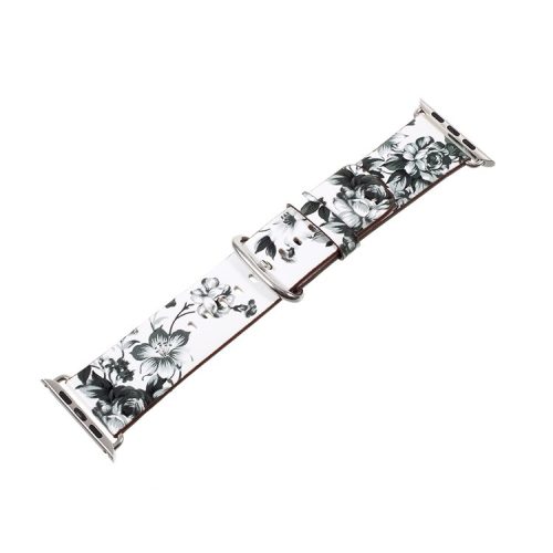 Flower Pattern PU Leather Replacement Watch Wrist Strap for Apple Watch Series 10 46mm / Ultra 2 Ultra 49mm / 9 8 7 45mm / SE (2023) SE (2022) SE 6 5 4 44mm / 3 2 1 42mm - White / Colorless Peonies