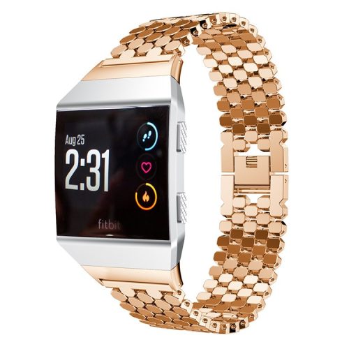 Stainless Steel Hexagon Mesh Watch Bracelet with Interlock Clasp for Fitbit Ionic - Rose Gold Color