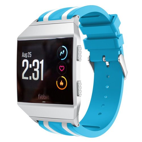 22mm Five Vertical Stripe Soft Silicone Watch Replacement Band + Connector for Fitbit Ionic - Blue / White