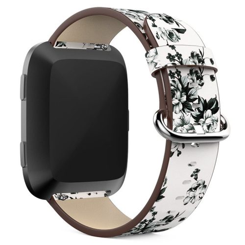 For Fitbit Versa Peony Pattern Genuine Leather Watch Strap Adjustable Wrist Band, Length: 122 + 83mm - White Background White Peony