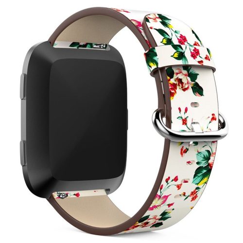 For Fitbit Versa Peony Pattern Genuine Leather Watch Strap Adjustable Wrist Band, Length: 122 + 83mm - White Background Red Peony