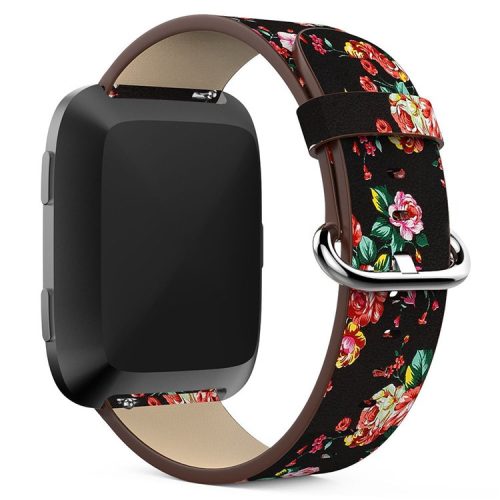 For Fitbit Versa Peony Pattern Genuine Leather Watch Strap Adjustable Wrist Band, Length: 122 + 83mm - Black Background Red Peony