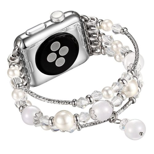 Agate Beads Pearl Watch Bracelet Band for Apple Watch Series 10 46mm / Ultra 2 Ultra 49mm / 9 8 7 45mm / SE (2023) SE (2022) SE 6 5 4 44mm / 3 2 1 42mm - White