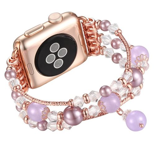 Agate Beads Pearl Watch Bracelet Band Replacement for Apple Watch Series 10 42mm / 9 8 7 41mm / SE (2023) SE (2022) SE 6 5 4 40mm / 3 2 1 38mm - Gold / Purple