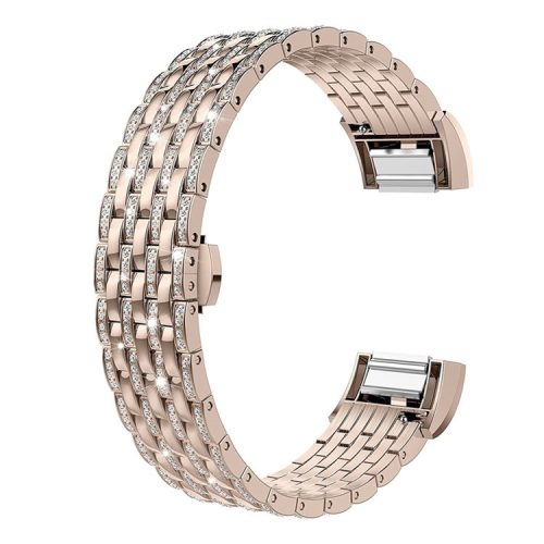 Shiny Rhinestone Decor Metal Watch Band Replacement with Butterfly Buckle for Fitbit Charge 2 - Rose Gold