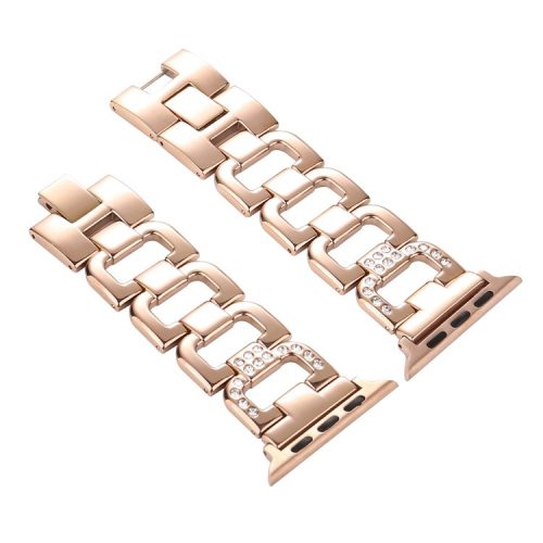 D-Shape Rhinestone Decor Stainless Steel Watch Band for Apple Watch Series 10 42mm / 9 8 7 41mm / SE (2023) SE (2022) SE 6 5 4 40mm / 3 2 1 38mm - Rose Gold