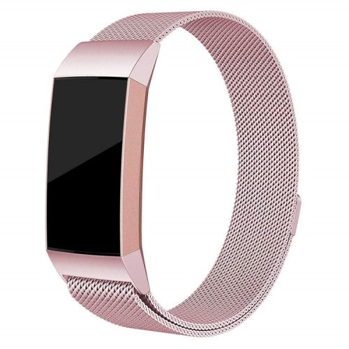 Luxury Milanese Mesh Watchband for Fitbit Charge 3 Stainless Steel Magnetic Watch Strap Replacement - Size: S / Pink