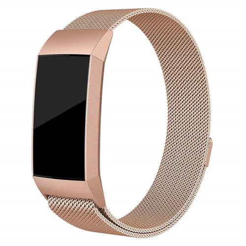 Luxury Milanese Mesh Watchband for Fitbit Charge 3 Stainless Steel Magnetic Watch Strap Replacement - Size: S / Rose Gold