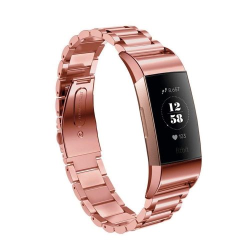 Solid Stainless Steel 3 Beads Smart Watch Band Butterfly Buckle Wrist Strap for Fitbit Charge 3 - Rose Gold