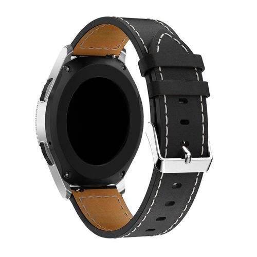 22mm Genuine Leather Watch Strap Adjustable Watchband Replacement with White Stitching for Samsung Galaxy Watch 46mm - Black