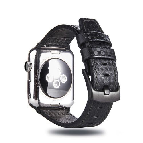 Carbon Fiber Texture Genuine Leather Wrist Watch Band for Apple Watch Series 10 42mm / 9 8 7 41mm / SE (2023) SE (2022) SE 6 5 4 40mm / 3 2 1 38mm - All Black