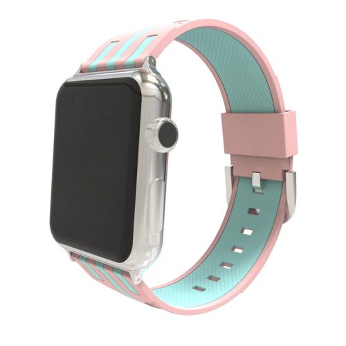 Contrast Color Stripe Flexible Silicone Watch Band for Apple Watch Series 10 42mm / 9 8 7 41mm / SE (2023) SE (2022) SE 6 5 4 40mm / 3 2 1 38mm - Pink Outer / Cyan Inside