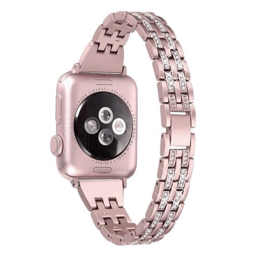 Double-Row Rhinestone Decor Stainless Steel Watch Band Replacement for Apple Watch Series 10 42mm / 9 8 7 41mm / SE (2023) SE (2022) SE 6 5 4 40mm / 3 2 1 38mm- Rose Gold