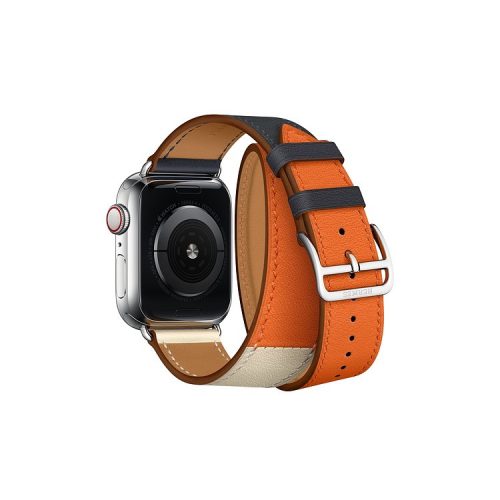 Double Tour Contrast Color Genuine Leather Watch Strap for Apple Watch Series 10 46mm / Ultra 2 Ultra 49mm / 9 8 7 45mm / SE (2023) SE (2022) SE 6 5 4 44mm / 3 2 1 42mm - White / Dark Blue / Orange