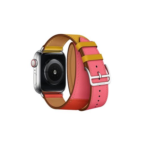 Double Tour Contrast Color Genuine Leather Watch Band for Apple Watch Series 10 46mm / Ultra 2 Ultra 49mm / 9 8 7 45mm / SE (2023) SE (2022) SE 6 5 4 44mm / 3 2 1 42mm - Red / Yellow / Pink