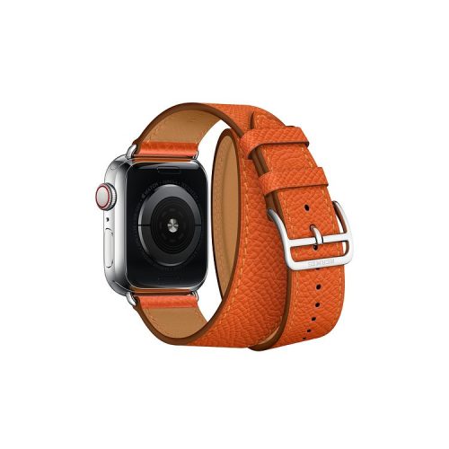 Double Tour Contrast Color Genuine Leather Watchband Strap for Apple Watch Series 10 42mm / 9 8 7 41mm / SE (2023) SE (2022) SE 6 5 4 40mm / 3 2 1 38mm - Orange