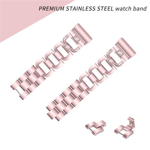 For Fitbit Charge 4/3 D Shape Rhinestone Decor Metal Alloy Band Smart Watch Strap Replacement - Pink