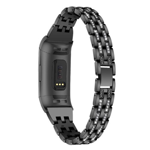 Dual Rows Rhinestone Decor Stainless Steel Watch Band for Fitbit Charge 4 / 3 - Black