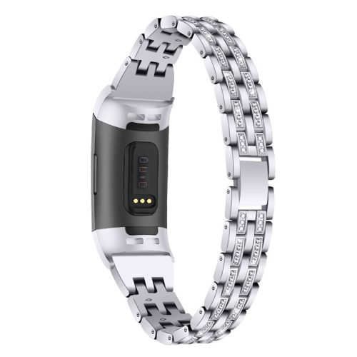 Dual Rows Rhinestone Decor Stainless Steel Watch Band for Fitbit Charge 4 / 3 - Silver