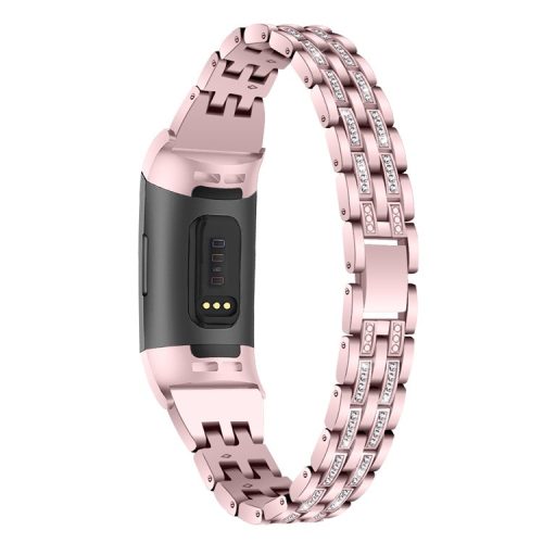 Dual Rows Rhinestone Decor Stainless Steel Watch Band for Fitbit Charge 4 / 3 - Pink