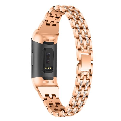 Dual Rows Rhinestone Decor Stainless Steel Watch Band for Fitbit Charge 4 / 3 - Rose Gold