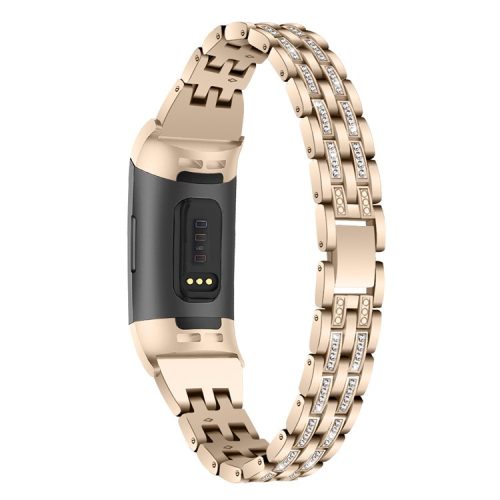 Dual Rows Rhinestone Decor Stainless Steel Watch Band for Fitbit Charge 4 / 3 - Gold