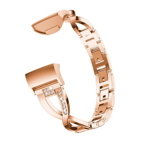 For Fitbit Charge 4/3 X-shape Rhinestone Decor Aluminum Alloy Watch Band Strap Replacement - Rose Gold