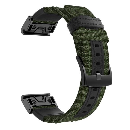 Canvas + Genuine Leather Watch Band for Garmin Fenix 5 Plus, Nylon Sports Watchband Strap - Army Green