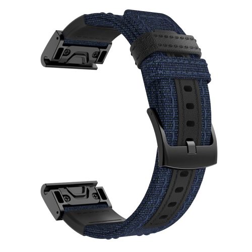 Canvas + Genuine Leather Watch Band for Garmin Fenix 5 Plus, Nylon Sports Watchband Strap - Blue