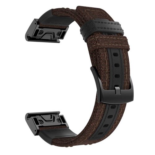 Canvas + Genuine Leather Watch Band for Garmin Fenix 5 Plus, Nylon Sports Watchband Strap - Brown