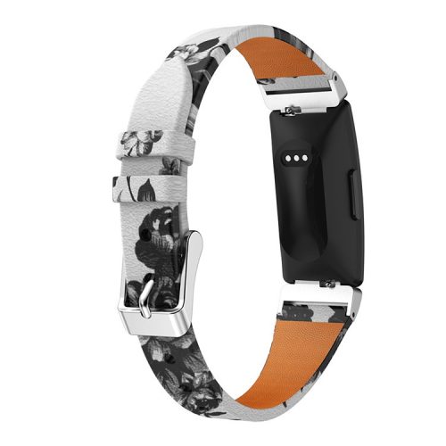 Flower Pattern Single Tour Genuine Leather Watch Strap for Fitbit Inspire / Inspire HR - White Background White Rose