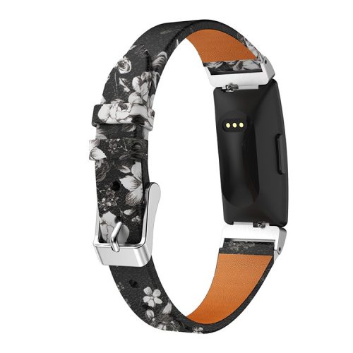 Flower Pattern Single Tour Genuine Leather Watch Strap for Fitbit Inspire / Inspire HR - Black White Rose