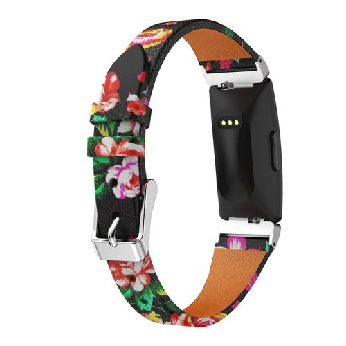 Flower Pattern Single Tour Genuine Leather Watch Strap for Fitbit Inspire / Inspire HR - Black Red Rose