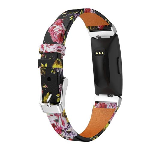 Flower Pattern Single Tour Genuine Leather Watch Strap for Fitbit Inspire / Inspire HR - Black Pink Rose