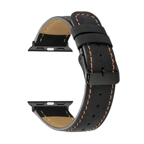 Crackle Texture Genuine Leather Watch Strap for Apple Watch Series 10 46mm / Ultra 2 Ultra 49mm / 9 8 7 45mm / SE (2023) SE (2022) SE 6 5 4 44mm / 3 2 1 42mm - Black