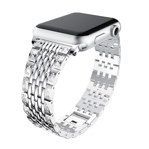 Double Row Rhinestone Decorative Watchband Metal Smart Watch Strap for Apple Watch Series 10 46mm / Ultra 2 Ultra 49mm / 9 8 7 45mm / SE (2023) SE (2022) SE 6 5 4 44mm / 3 2 1 42mm -Silver