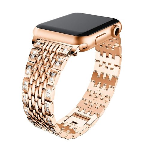 Double Row Rhinestone Decorative Watchband Metal Smart Watch Strap for Apple Watch Series 10 46mm / Ultra 2 Ultra 49mm / 9 8 7 45mm / SE (2023) SE (2022) SE 6 5 4 44mm / 3 2 1 42mm -Rose Gold