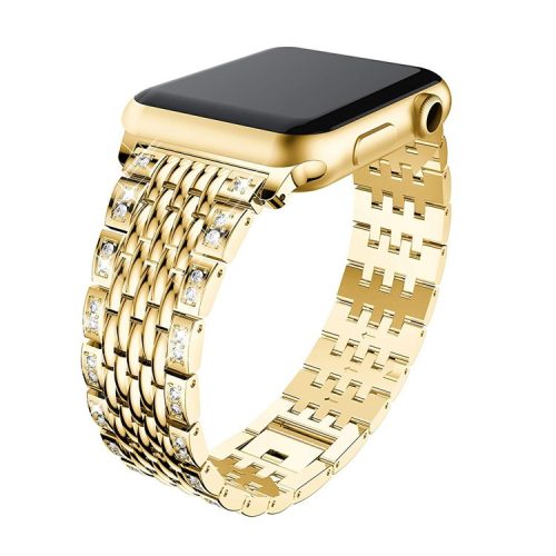 Double Row Rhinestone Decorative Watchband Metal Smart Watch Strap for Apple Watch Series 10 46mm / Ultra 2 Ultra 49mm / 9 8 7 45mm / SE (2023) SE (2022) SE 6 5 4 44mm / 3 2 1 42mm -Gold