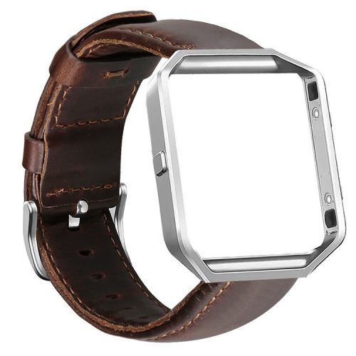 Crazy Horse Skin Cowhide Leather Smart Watch Band for Fitbit Blaze - Dark Brown/Silver Frame