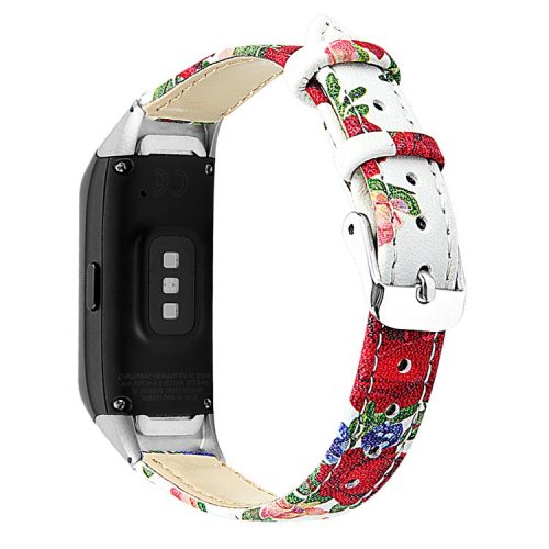 Top Layer Cowhide Leather Watchband Replacement for Samsung Galaxy Fit SM-R370 - White/Red Flower