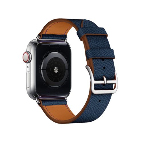 Cross Texture Genuine Leather Smart Watch Strap Replacement for Apple Watch Series 10 46mm / Ultra 2 Ultra 49mm / 9 8 7 45mm / SE (2023) SE (2022) SE 6 5 4 44mm / 3 2 1 42mm - Dark Blue