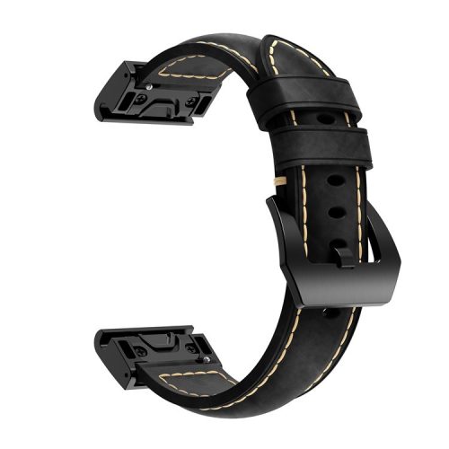 For Garmin Fenix 5 Genuine Leather Watch Band Crazy Horse Texture Replacement Strap - Black