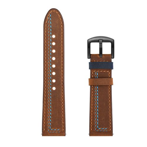 22MM 7-shaped Stitches Genuine Leather Watch Strap for Huawei Watch GT/Samsung Galaxy Watch 46mm - Brown