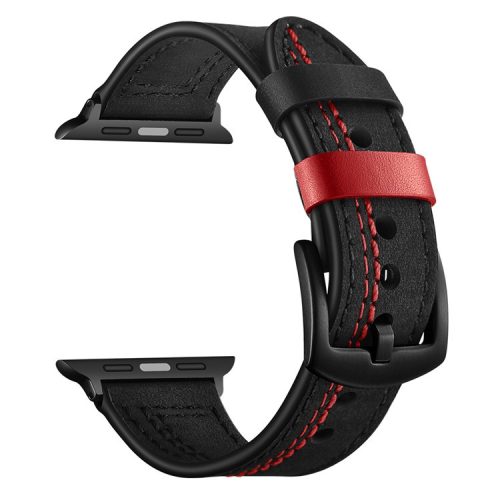 7-shaped Stitches Genuine Leather Watch Strap Band for Apple Watch Series 10 46mm / Ultra 2 Ultra 49mm / 9 8 7 45mm / SE (2023) SE (2022) SE 6 5 4 44mm / 3 2 1 42mm - Black