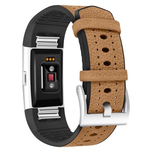 TPU+Cowhide Leather Breathable Adjustable Wrist Strap Replacement Smart Watch Band for Fitbit Charge 2/Charge 2 HR - Brown