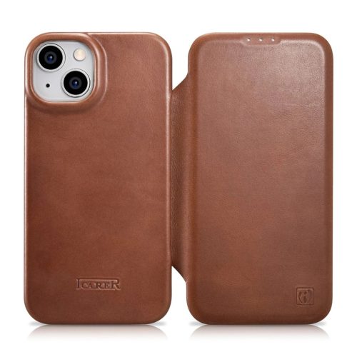 iCarer CE Oil Wax Premium Leather Folio Case iPhone 14 Plus magnetic flip case MagSafe brown (AKI14220707-BN)