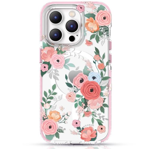 Kingxbar Flora Series magnetic case for iPhone 14 MagSafe decorated with rose flowers print